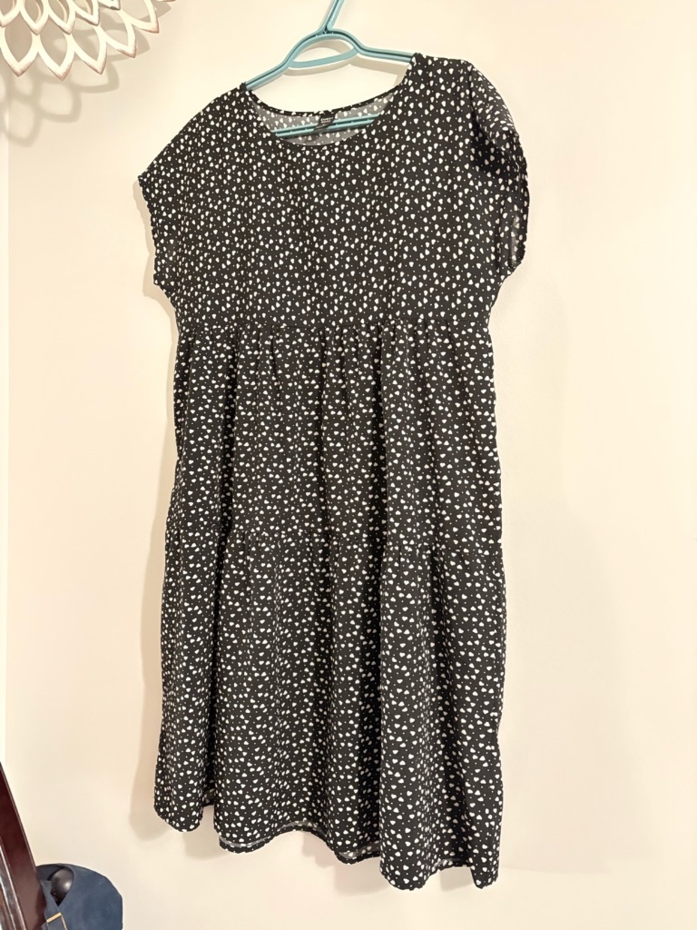 Women’s Black Dress with White Heart Print - Casual Tiered Dress